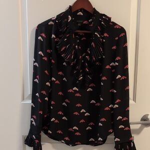 Ann Taylor Black and Pink Ruffled Long Sleeve Blouse